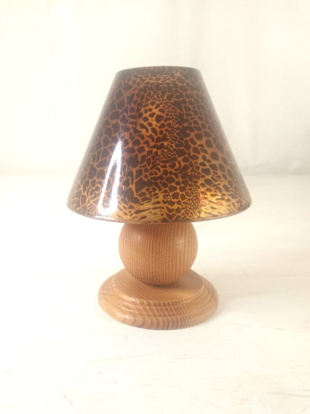 Tea Light Lamp Leopard Glass Top with Wooden Base 6 inches tall
